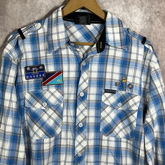 Mecca Since Day One Shirt Mens Large Blue Plaid Button Up Long Sleeve Streetwear - Picture 2 of 9